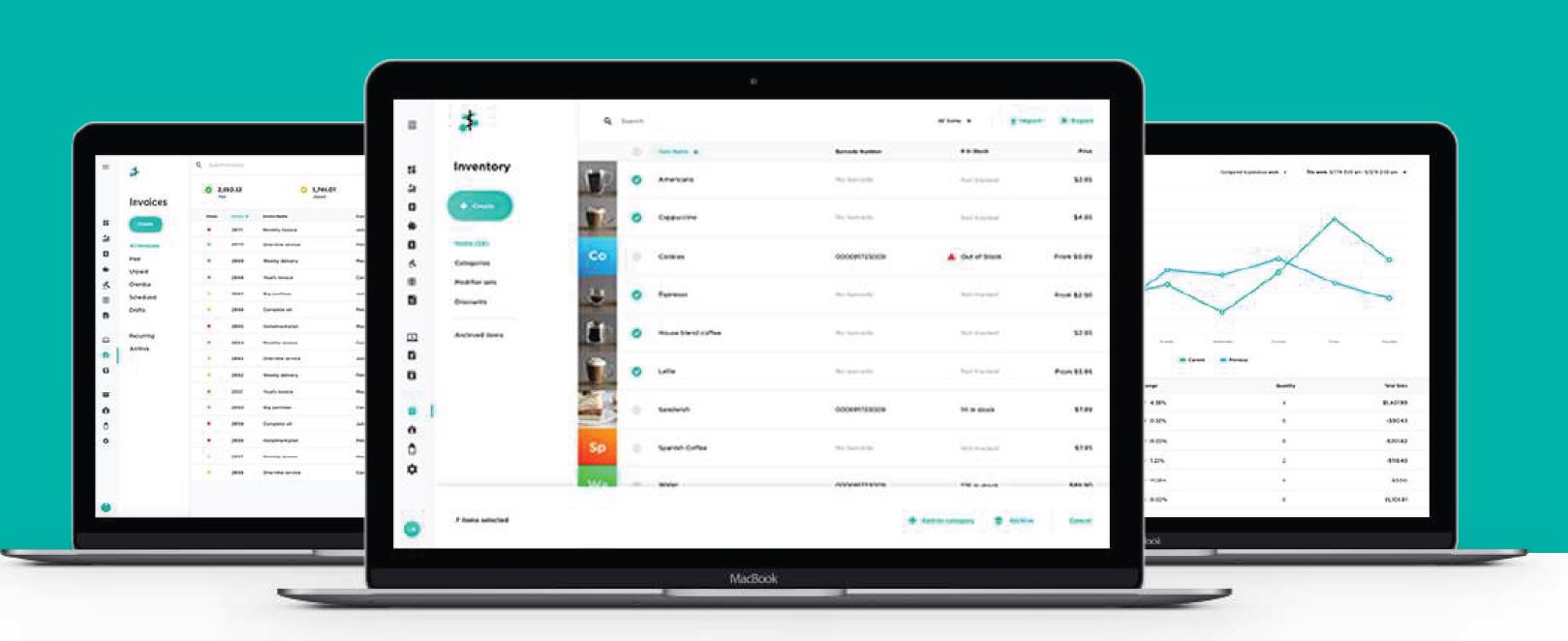 Payments Hub dashboard shown on three laptops — invoices, inventory, and sales reporting